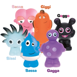 Æske med 6 stk. Babblarna plastfigurer. Her kommer Gagga, Giggi, Goggo, Sassa, Sissi og Sosso.